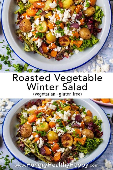 This Roasted Vegetable Winter Salad is a salad for people that think salads aren't filling or they think they are boring. It's a simple salad recipe is for people that think they don't like salads! Healthy, but warm and hearty - perfect for a cold winter day. Already vegetarian but easy to make vegan and great for an appetizer. Roasted Salad, Dressing Recipes Thanksgiving, Salad Recipes Healthy Lunch, Easy Delicious Dinners, Vegetarian Salad Recipes, Salad Salad, Cabbage Soup Diet, Vegan Salad Recipes, Roasted Vegetable