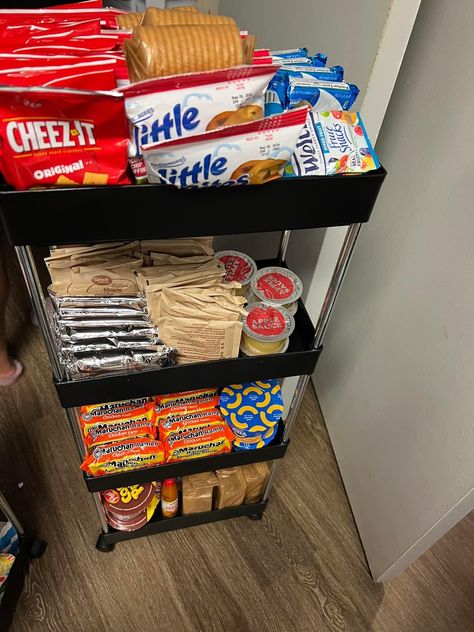 Snack Ideas For Bedroom, Dorm Room Snack Ideas, Dorm Snack Cart, Snack Drawer Ideas Bedroom, Dorm Food Organization, Snack Bar In Bedroom, Snack Storage Ideas Small Spaces, Snack Organization Ideas Dorm Room, Snack Cart Ideas For Work