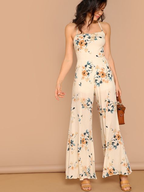 Square Neck Floral Print Wide Leg Jumpsuit -SHEIN(SHEINSIDE) Garden Party Formal, Fancy Jumpsuit, Midi Jumpsuit, Bohemian Pants, Floral Composition, Let's Get Married, Jumpsuit Outfit, Boho Skirts, White Jumpsuit