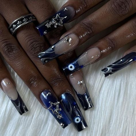 Nail Idea Y2k, Nail Inspiration Grunge, Long Gothic Nails, Burgundy And Black Nails Acrylic, Pretty Nail Ideas Acrylic Long, Dark Blue Y2k Nails, Emo Baddie Nails, Blue Emo Nails, Gothic Nails Square