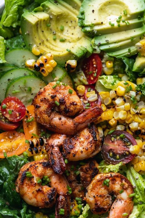 Shrimp Summer Salad, Healthy Grilled Shrimp Recipes, Corn Salad With Avocado, Creamy Avocado Ranch Dressing, Marinated Grilled Shrimp, Nutritional Meals, Pescatarian Lifestyle, Salad With Shrimp, Avocado Ranch Dressing