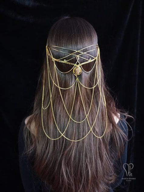 Elven Circlet MORDA Gold Wire and Watermelon Glass Medieval - Etsy Australia Elven Headpiece, Elven Circlet, Wire Crown, Fantasy Crown, Elven Jewelry, Gold Headpiece, Hair Chains, Headpiece Jewelry, Chain Loop