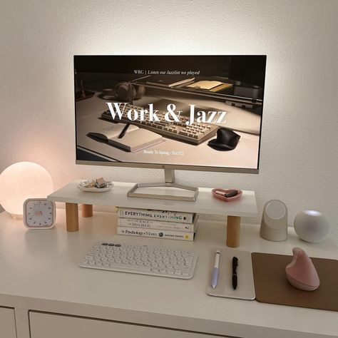 My desk lately 🫧🖥️💗 . . . . . #studygram #aesthetic #desksetup #deskinspo #studyspace #unistudent Work Office Decor Aesthetic, Ikea Micke Desk Aesthetic, Aesthetic Charger, Cream Apartment, Work Desk Ideas, Office Desk Decor For Work, Aesthetic Desksetup, Wfh Aesthetic, Working Aesthetic