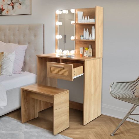 Small Bedroom Vanity, Cosmetic Table, Mirror Drawer, Room Beds, Lighting Mirror, Nyc Rooms, Mirror Drawers, Bedroom Vibes, Apartment Vibes