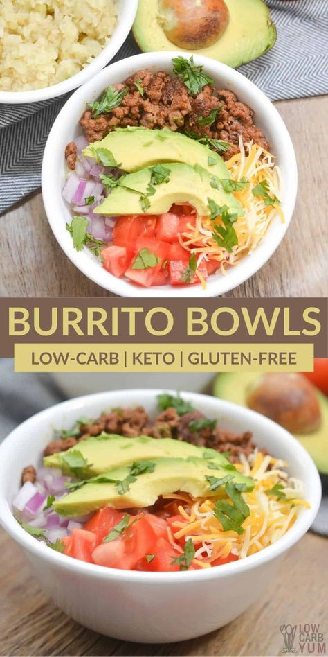 Make a Mexican restaurant fave - keto burrito bowls! They are a super-easy dinner and nutritious lunch that is also low-carb. Taco Bowls Healthy Low Carb, Keto Burittos Bowls, Burrito Bowl Low Carb, Low Carb Taco Bowl Meal Prep, Keto Burrito Bowl, Keto Burrito, Keto Burrito Bowl Cauliflower Rice, Mexican Keto, Nutritious Lunch