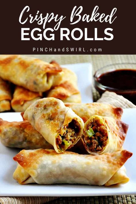 Pork and Vegetable Crispy Baked Egg Rolls - so easy to make in the oven with this simple recipe. Truly crispy without frying! Healthy snack or appetizer and perfect party food! #bakedeggrolls #healthybakedeggrolls #easybakedeggrolls Egg Roll Baked, Oven Egg Rolls, Baked Eggrolls, Easy Egg Roll Recipe, Egg Rolls Baked, Pork Egg Roll Recipes, Baked Egg Rolls, Baked Spring Rolls, Oven Baked Eggs