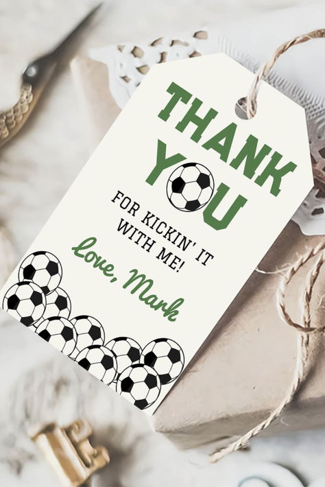 Thanks for Kicking it With Me Soccer / Football Kids Birthday Favor Gift Tags Messi Birthday Party Ideas, Boys Soccer Birthday Party, Soccer Birthday Theme, Mom Snacks, Soccer Birthday Party Ideas, Messi Style, Birthday Party Return Gifts, Messi Birthday, Soccer Party Decorations