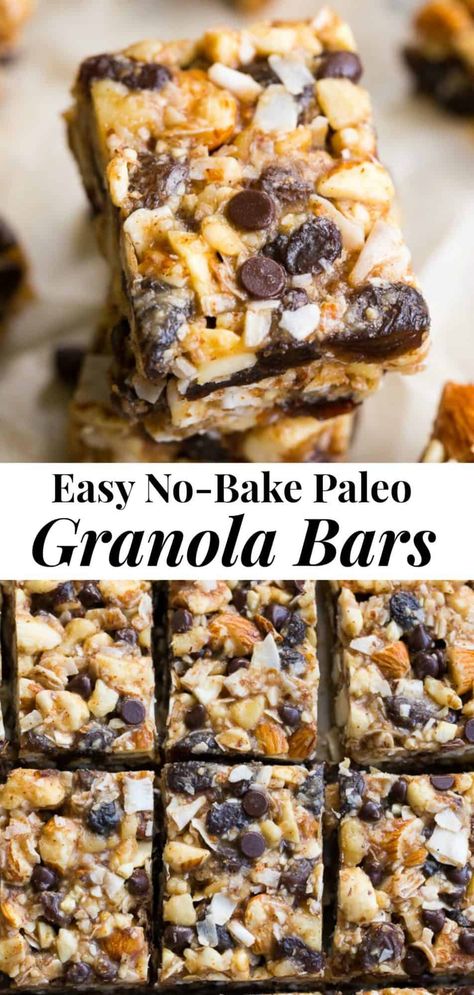 Chewy, crunchy, sweet and salty, these grain free and paleo no bake granola bars are going to become your favorite with the first bite!  They're loaded with raisins and mini chocolate chips, coconut flakes and nuts, sweetened with raw honey and packed with healthy fats.  Kid approved, gluten-free, dairy-free, grain free and addicting! #paleo #cleaneating #grainfree Paleo Granola Bars, Bake Granola Bars, No Bake Granola, Paleo Granola, No Bake Granola Bars, Clean Dessert, Baked Granola, Paleo Baking, Granola Bar