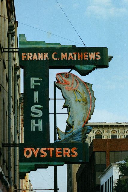 Mathews Fish Market - Savannah Georgia by swampzoid, via Flickr Fish Sign, Old Neon Signs, Building Signs, Ghost Signs, Vintage Neon Signs, Retro Sign, Fish Market, Tybee Island, Roadside Attractions