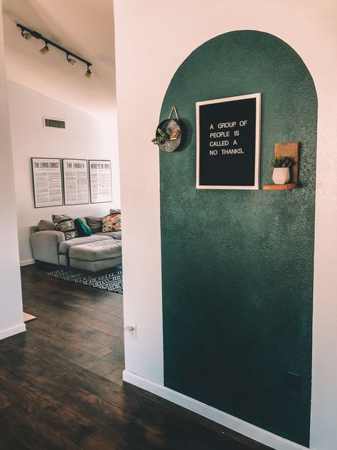 Green living room // green arch \\ painted arch Hallway Arch Paint, Entryway Painted Arch, Colored Arches Paint, Arched Wall Painting, Arch Painted On Wall Living Room, Green Arch Painted On Wall, Paint An Arch On Wall, Arch Wall Painting Ideas, Arched Painted Wall