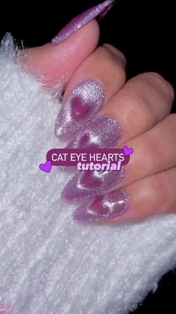 3d Magnetic Nails, Valentines Day Nails Magnetic, Cats Eye Valentine Nails, Pink Cat Eye Valentine Nails, Magnetic Valentines Nails, Cateye Purple Nails, Valentines Cateye Nails, Magnetic Cat Eye Gel Polish, Holographic Heart Nails