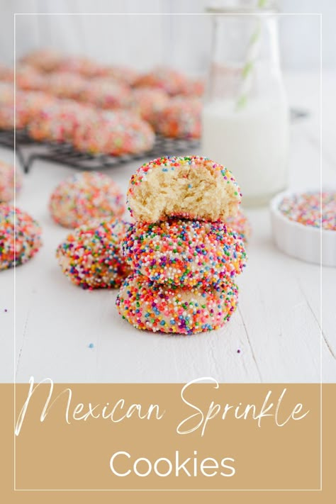 Light and airy butter cookies covered and baked with rainbow sprinkles! #cookies #Mexicancookies #rainbowsprinkles #nonpareils #Mexicansprinklecookies #galletasgrageas Mexican Pink Cookies, Mexican Sprinkle Cookies, Rainbow Sprinkle Cookies, Best Chicken Enchilada Recipe, Fiesta Cookies, House On Mango Street, Sprinkles Cookies, Sprinkle Cookies Recipe, Cookies 2023