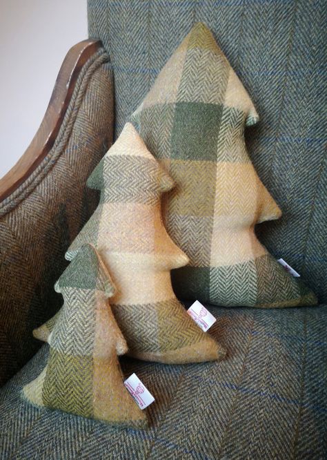 Hand crafted cushion cover in a shape of a Christmas tree made with Harris Tweed. These are stuffed and ready to be put on your sofa. No filler needed.  The official Harris Tweed Orb label is sewn onto the side. Christmas Tree Shaped Cushion, Holiday Gifts To Sew, Hand Sewn Christmas Decorations, Harris Tweed Crafts, Christmas Cushions Ideas, Christmas Pillows To Make, Sewn Christmas Gifts, Fabric Christmas Decorations, Christmas Pillows Diy