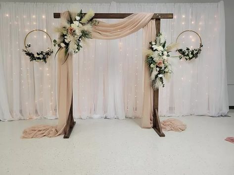 Blush, tan, taupe wedding ceremony drape. Saskatchewan weddings. Mehendi Decorations, Engagement Backdrop, Taupe Wedding, Wedding Planning Decor, Burning Candles, Hall Decor, Mom Wedding, Fabric Backdrop, Wedding Rentals