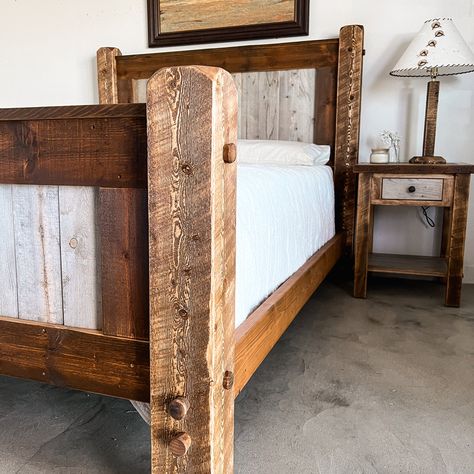 Queen Size Bed Frame Diy, Western Bed Frame, Barnwood Beds, Log Bed Frame, Barnwood Bed, Timber Bed Frames, Reclaimed Wood Beds, Rustic Bed Frame, Reclaimed Wood Headboard