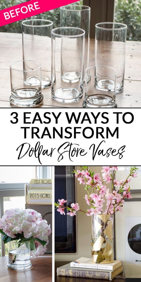 Diy Pink Dip Dyed Dollar Store Vases, Diy Glass Vase Centerpiece Ideas, Cheap Vases For Centerpieces, What To Fill Large Glass Vases With, Things To Do With Glass Vases, Tall Vase Centerpieces Diy Dollar Tree, Decorate Flower Vase, What To Put In Glass Vases Decor Ideas, Ribbon On Vases Diy