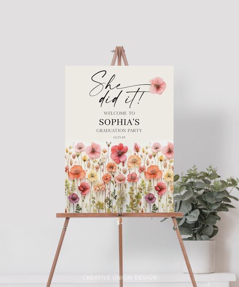 "She did it!  This beautiful sign is the perfect way to welcome your guests to your graduation party! This graduation welcome sign is perfect for everyone graduating in the class of 2024. This realistic floral design features modern fonts with a bunch of hand picked colorful flowers! Easy to edit and print! PLEASE NOTE: This purchase is for a digital template. No physical item will be shipped. * * * * * MATCHING ITEMS * * * * * Build Your Own Bundle and save 60% when you purchase 5 or more items! Go to our shop home page and search: Flower Stems Or simply click here: https://tidd.ly/3FdCtWs * * * * * TRY BEFORE YOU BUY * * * * * https://www.corjl.com/d/1GJHLG * * * * * HOW IT WORKS * * * * * 1. After you purchase, you will receive an email with a link to log into the (FREE) platform Corjl. Bloom Graduation Party, Wild Flower Theme Graduation Party, Floral Graduation Party Decorations, Flower Themed Graduation Party, Wild Flower Graduation Party, Graduation Party Flowers, Flower Graduation Party, Grad Party Welcome Sign, Wildflower Graduation Party