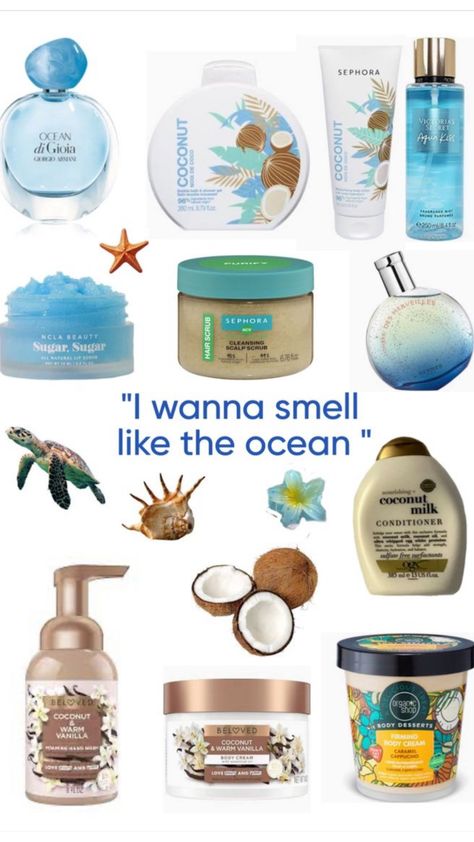 Smell Like The Ocean, Blue Aesthetic Ocean, Coconut Smell, Healthy Girl Era, Coconut Milk Conditioner, Summer Core, Shower Skin Care, Body Smells, Pretty Skin Care