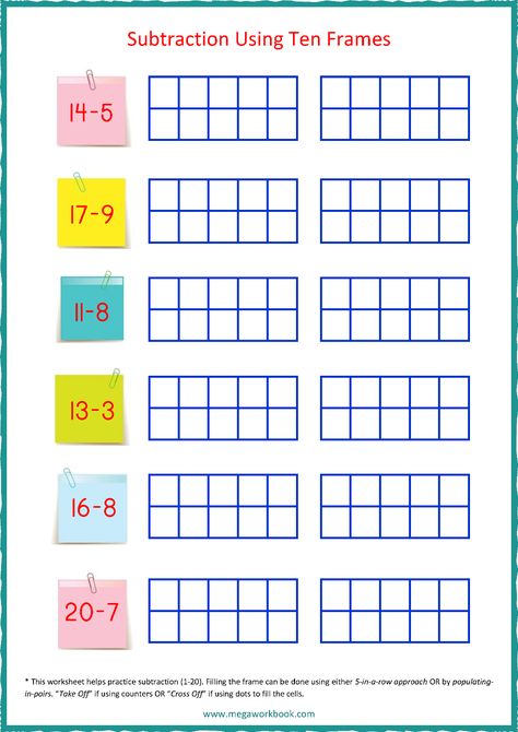 Ten Frame Worksheet - Subtraction 1 to 20 Using Ten Frames Subtraction To 20, Base 10 Blocks, Subtraction Kindergarten, Free Printable Math Worksheets, Seuss Crafts, Maths Worksheets, 1 Worksheet, Math Sheets, Addition And Subtraction Worksheets