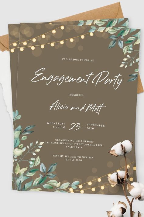 Rustic theme-inspired engagement party invitation featuring classic garland and greenery decorations. Customize this template to your own preferences and download or order printed. #engagementinvitation #engagementinvitationcard #engagementpartyinvitations #engagementinvitationtemplate #invitationcardforengagement Simple Engagement Invitation Cards, Simple Engagement Cards, Invitation Card Design Engagement, Invitation Card Design Simple, Engagment Invites Cards, Engagement Cards Ideas Invitations, Inauguration Invitation Card, Engagement Invitation Cards Template, Invitation Card Design Ideas