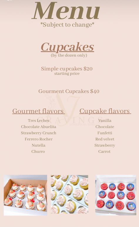 Cupcake Selling Ideas, Cupcake Pricing Chart 2023, Small Baking Business Aesthetic, Cupcake Menu Ideas, Dessert Price List, Cupcake Small Business, Baking Price List, Cupcake Menu Design, Cupcake Buisness Ideas