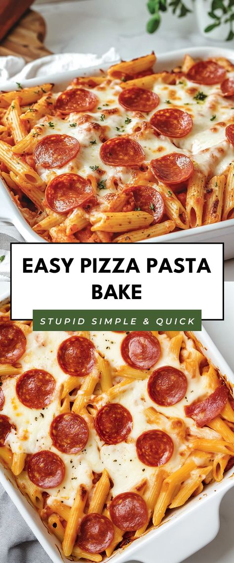 Image for Easy Pizza Pasta Bake One Pan Baked Noodles, Baked Spaghetti Pizza Casserole, Healthy Pizza Pasta, Pepperoni Pasta Bake Casseroles, Hot Pasta Dishes Easy Dinners, Baked Pasta With Pepperoni, Pizza Baked Pasta, Pizza Pasta Recipes Easy, Pasta Ziti Bake