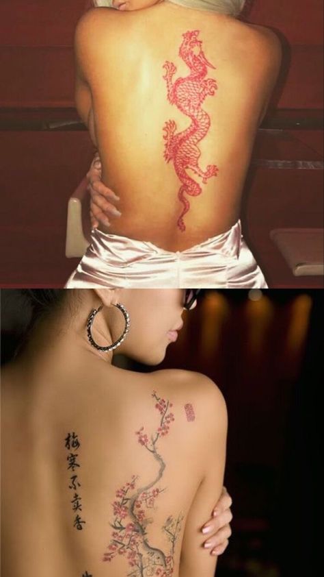 Spinal Tattoo Women Dragon, Chinese Dragon Spine Tattoo, Dragon Spinal Tattoo, Lower Back Dragon Tattoo, Dragon Lower Back Tattoo, Dragon With Cherry Blossom Tattoo, Dragon Tattoo With Cherry Blossoms, Dragon Tattoo Lower Back, Cherry Blossom Dragon Tattoo