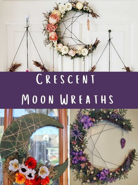 Autumnal Wreath Diy, How To Make A Moon Wreath, Moon Wall Art Diy, Half Moon Wreath Diy, Moon Wall Hanging Diy, Crescent Moon Wreaths, Diy Crescent Moon Wreath, Diy Witch Wreath, Crescent Wreath