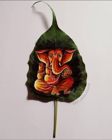 Acrylic Leaf Painting by Sejal @ an_artistsuniverse Acrylic Leaf Painting, Painting On Leaf, Leaf Painting, Ganesha Painting, Painted Leaves, Hoop Art, Ganesha, Quick Saves, Art