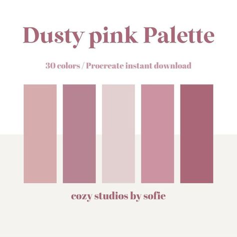 Dusty Pink Pallete Color, Dusty Pink Colour Palette, Dusty Pink Outfit Color Combos, Pink Paint Swatches, Dusty Pink Aesthetic, Dusty Pink Color Palette, Color Palettes Procreate, Dusty Rose Color Palette, Pastel Pink Color Palette