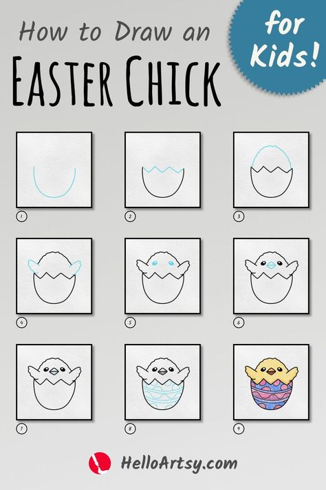 Draw easter chick easy. | easter chick drawing in 9 easy steps. | Follow along with each picture to create an easter chick drawing. Perfect for kids who desire to learn how to draw! Easter Doodles Easy Step By Step, Easter Directed Drawing Preschool, Pictures Of Bunnies To Draw, Easter Step By Step Drawing, Easy To Draw Easter Pictures, How To Draw Easter Things, Easter Easy Drawings, Easter Things To Draw, How To Draw Easter Bunny Step By Step