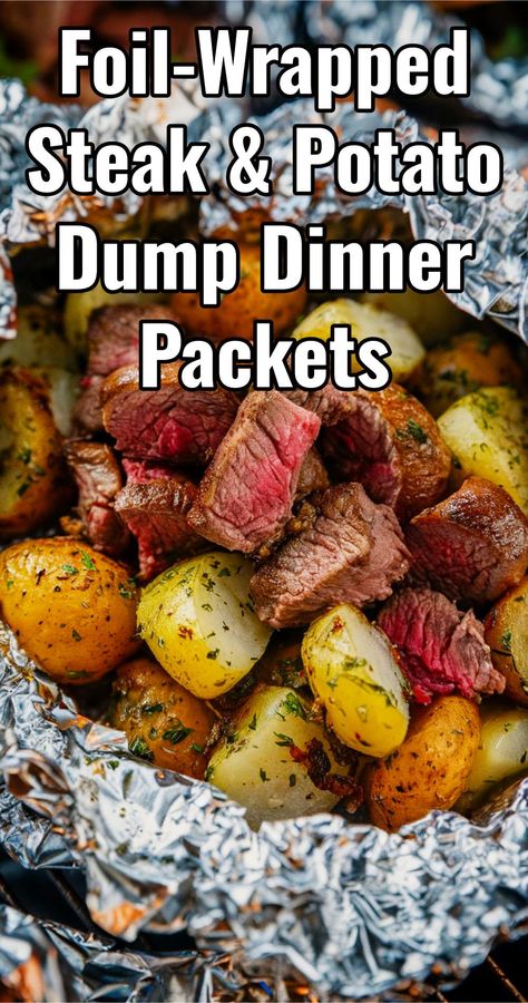 I LOVE dump dinners and these grilling recipes call Foil Packs are quick easy cheap AND delicious. You can cook these foil-wrapped steak and potato dump dinner packets on the grill, baked in the oven (like hobo packs) or make ahead to cook over the campfire when camping. Grill Packs Foil Packets, Steak Tin Foil Dinners, Foil Pack Breakfast Camping Recipes, Campfire Foil Dinners, Steak Camping Meals, Campfire Foil Packs, Campfire Steak, Tinfoil Camping Meals, Steak Hobo Dinner Foil Packets