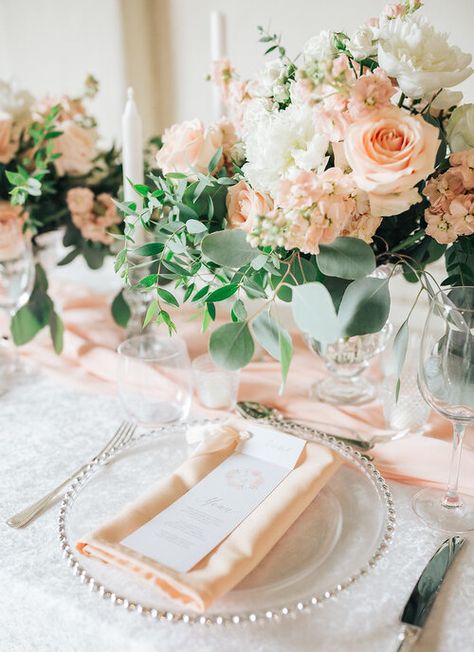 Peach Wedding at Brookend Green Farm — Engage Weddings Peach Table Setting Wedding, Peach Wedding Ceremony, Peach Wedding Flowers Centerpieces, Wedding Decor Peach, Peach Centerpiece Wedding, Wedding Centerpieces Champagne, Peach Table Setting, Peach Table Decor, Green Peach Wedding