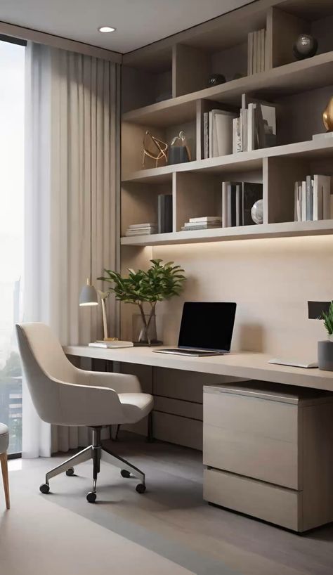 Neutral Design Interior, Neutral Office Space, Efficient Home Office, Minimal Home Office, Modern Study Rooms, Home Study Rooms, Stylish Home Office, Contemporary Office Design, Integrated Storage