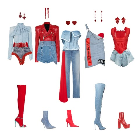 Fashion set Red denim created via Red Denim Outfit, Red And Denim, Denim And Red Outfit, Kpop Idol Red Outfit, Red Idol Outfit, Red Kpop Outfits, Group Outfit Ideas, Red Stage Outfits, Red And White Stage Outfit