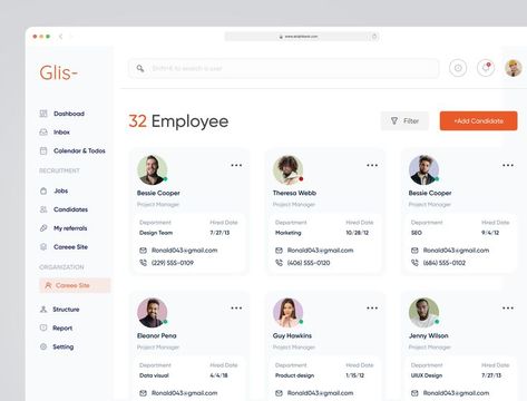 Hello All This is an Employee list page design. Glis is a Modern HR Management system that helps a business more efficiently manage their Teams, Job posting, Candidates, Hiring flow, etc. Medium Behance More inquiries: Kawser4ahmed@gmail.com Employee Website Design, Employee Engagement Board, Employee Management System, Intranet Portal, Employees Card, Staff Management, Job Page, Ui Design Dashboard, Ux Inspiration