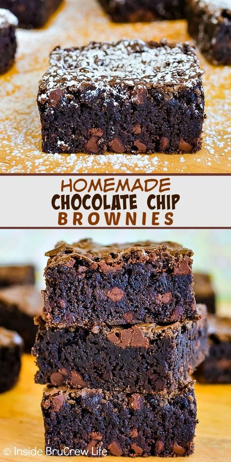 Homemade Chocolate Chip Brownies - adding chocolate chips to these fudgy homemade brownies makes them so delicious. Make this easy recipe any time you need a quick and easy chocolate dessert! Choc Chip Brownies Recipe, Chocolate Chip Brownie Recipes, Brownie Recipe With Chocolate Chips, Brownies Chocolate Chip, Easy Things To Make With Chocolate Chips, Choc Chip Brownies, Brownies Made With Chocolate Chips, Dessert Recipes Chocolate Chip, Snacks With Chocolate Chips