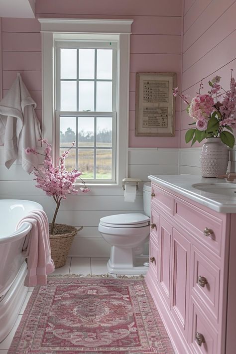 Pink Shabby Chic Bathroom, Pink Cottage Bathroom, Pink Bathroom Decor Ideas Inspiration, Coloured Bathroom Ideas, Pink And White Bathroom Ideas, En Suite Bathroom Ideas, Pink Tiny House, Pink House Aesthetic, Feminine House