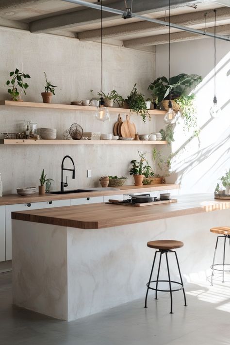 Discover the latest kitchen design trends with this elegant and minimalist space. Featuring open shelves and natural wood accents, it’s perfect for a refreshing and stylish look. Enhance your home with these stunning details! #KitchenGoals #InteriorDesign #ModernLiving Kitchen Inspo Organic Modern, Organic Modern Home Kitchen, Minimal Boho Home, Kitchen Design Minimal, Organic Minimalist Home, Modern Boho Kitchen Ideas, Organic Kitchen Design, Open Shelving Kitchen Ideas, Open Kitchen Shelving