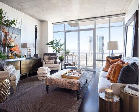 Downtown's Most Beautiful Condo | Interior Designer Teresa Davis shows you how to get an effortlessly layered look in smaller spaces | 5280 #Home #Decor #InteriorDesign #Condo Highrise Condo Decor, Urban Condo Decor Interior Design, Downtown Condo Interior Design, Modern High Rise Apartment Decor, High Rise Condo Decor, Downtown Apartment Decor, Downtown Living Room, High Rise Apartment Decor, Modern Condo Interior Design