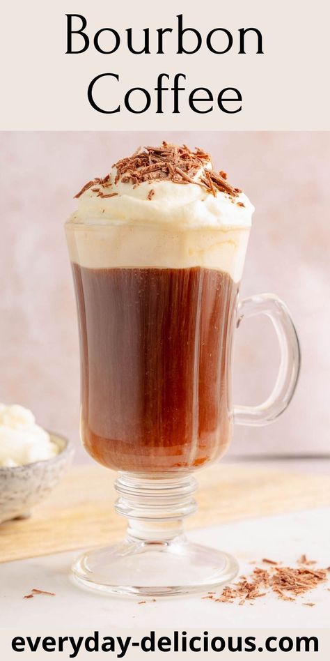 Bourbon coffee is a delicious bourbon-spiked coffee sweetened with maple syrup and topped with whipped cream. It is basically Irish coffee but made with bourbon. It will surely be a treat for all bourbon drinkers! Coffee With Whiskey, Bourbon Coffee Drink, Bourbon Cream Coffee Drinks, Bourbon Coffee Cocktails, Coffee Martini Recipe, Caramel Syrup Recipe, Spiked Coffee, Bourbon Coffee, Boozy Recipes