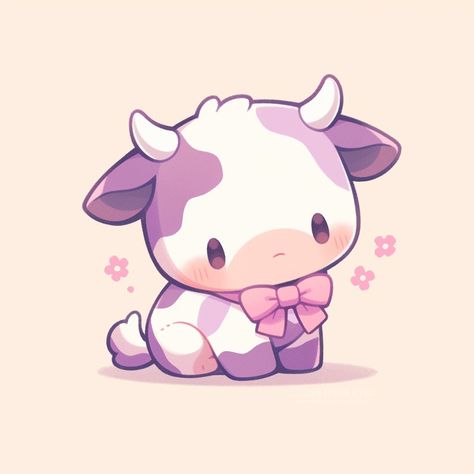 Chibi Cow Drawing, Cute Cow Art Kawaii, Cow Cute Drawing, Kawaii Cow Drawing, Cow Illustration Cute, Chibi Goat, Cute Cow Illustration, Chibi Cow, Cute Cow Drawing