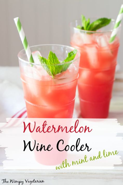 Watermelon wine cooler poured over ice in 2 glasses with sprigs of mint and straws. Watermelon Mint Drink, Watermelon Wine, Mint Syrup, Riesling Wine, Sweet Red Wines, Wine Coolers Drinks, Summertime Recipes, Strawberry Wine, Beverage Recipes