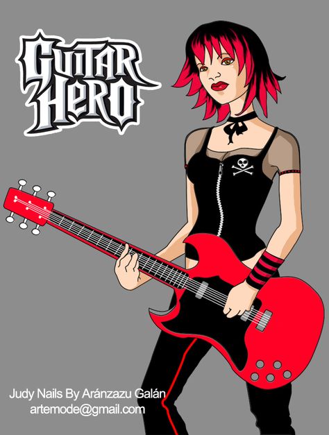 Judy_Nails_of_Guitar_Hero_by_Artemode Judy Nails, All Blue Outfit, Casual Outfits Sporty, Red Pants Outfit, Sport Casual Outfit, Red Cross Nurse, Hero Character, Outfit Sporty, Hero Poster