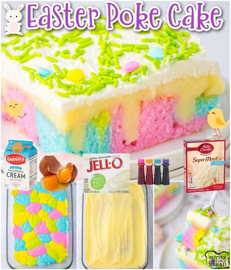 Easy Easter Poke Cake, Easy Kids Easter Desserts, Easter Dump Cake Recipes, Easter Polk Cake, Easter Jello Poke Cake, Easter Poke Cake With Pudding, Easter Dump Cake, Spring Poke Cake, Cheesecake Poke Cake