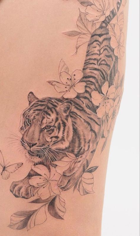 Tiger Tats For Women, Tiger With Hibiscus Tattoo, Japanese Tiger Cherry Blossom Tattoo, Bengal Tiger Tattoo For Women, Cheetah Tattoos For Women, Lower Back Tiger Tattoo, Large Tiger Tattoo, Pink Tiger Tattoo, Tiger Tattoo Feminine