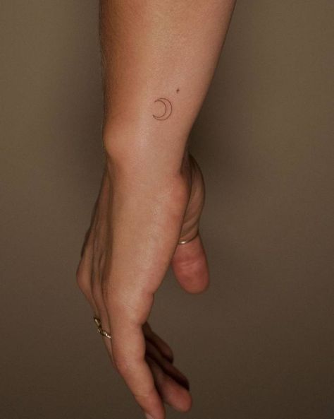 Unique Small Moon Tattoo, Minimal Crescent Moon Tattoo, Tiny Moon Tattoo Wrist, Moon On Wrist Tattoo, Small Moon Tattoo Placement, Moon Micro Tattoo, Luna Moon Tattoo, Micro Moon Tattoo, Dainty Moon Tattoos For Women