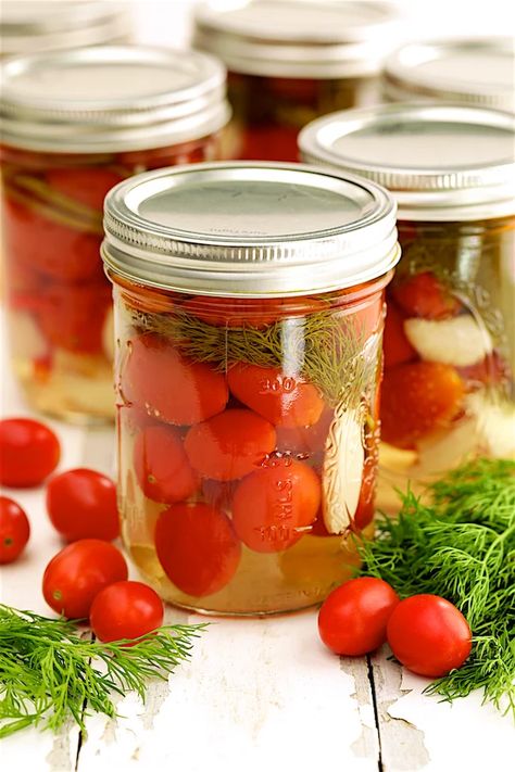 Pickles and Relishes - From A Chef's Kitchen Pickled Cherry Tomatoes Recipe, Pickled Cherry Tomatoes, Pickled Sweet Peppers, Pickled Ramps, Pickled Green Tomatoes, Pickled Tomatoes, Pickled Cherries, Canned Spaghetti Sauce, Chicken Pot Pie Filling