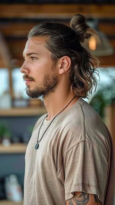 Men’s Hair Inspiration, Man Bun Hairstyles Long Hair, Long Hair Men Tied Back, Men Long Hair Fashion, Masculine Hair Styles For Long Hair, Male Updo Hair, Long Hairstyles For Men Wedding, Groom Long Hairstyle Men Wedding, Grooms Long Hair Styles