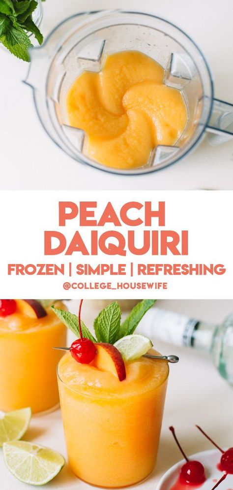 Peach Colada Recipe, Peach Daiquiri Recipe Frozen, Frozen Peach Daiquiri Recipe, Peach Frozen Drinks, Frozen Daquiri Recipe Alcohol, Peach Drink Recipes Alcoholic, Daiquiris Recipe Frozen, White Peach Drink Recipes, Frozen Peach Drinks Alcohol